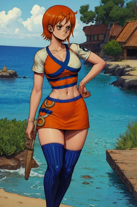 dorohedoro style, nami from one piece, short orange hair, white t-shirt with blue stripes, orange short skirt, sexy thick body, ...