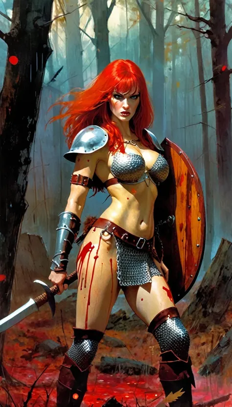 A fierce redhead warrior, Red Sonja, in chain mail, very sexy, full of blood, with a wooden shield and an axe, in a closed forest landscape, autumn, blood stains , dramatic lighting, art inspired by Bill Sienkiewicz
