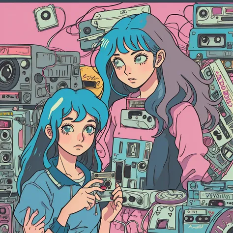 A person holding a cassette tape labeled ‘LOFI 1970-4,’ evoking a sense of nostalgia and retro music. The illustration style is reminiscent of manga or anime, with detailed hair and expressive line work.