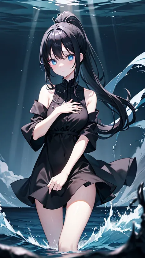 Black Hair、Long Ponytail、Blue Eyes、、Black clothes、Dark Deep Sea、The deep sea where no light reaches、Invitation、4K、high resolution、masterpiece