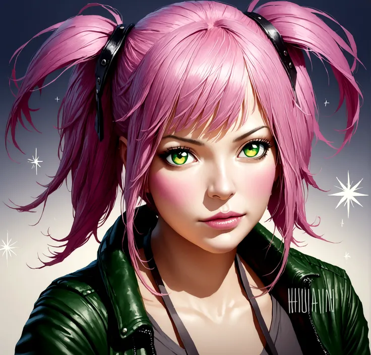 1girl, pink hair in twin tails, blue bangs, dark blue eyes, leather jacket, simple black shirt, fingerless gloves, anime one piece (wano saga) style, (best quality,4k,8k,highres,masterpiece:1.2),ultra-detailed,(realistic,photorealistic,photo-realistic:1.37...