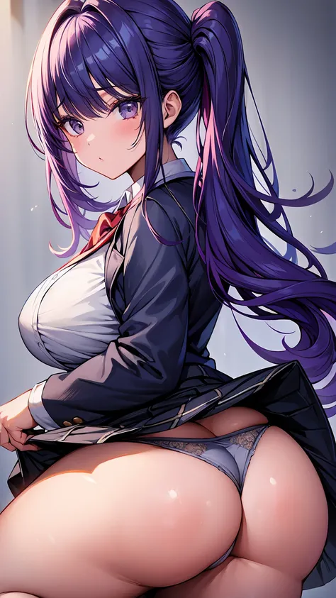 Beautiful woman、Side Ponytail、Blazer Uniform、Very short pleated skirt、Very thick thighs、Acme Face、Best image quality、High resolution、masterpiece、super high quality、Thick pubic hair、Screaming orgasm face、Blue panties、Blue Bra、Very big ass、Very large breasts...