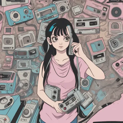 A person holding a cassette tape labeled ‘LOFI 1970-4,’ evoking a sense of nostalgia and retro music. The illustration style is reminiscent of manga or anime, with detailed hair and expressive line work.