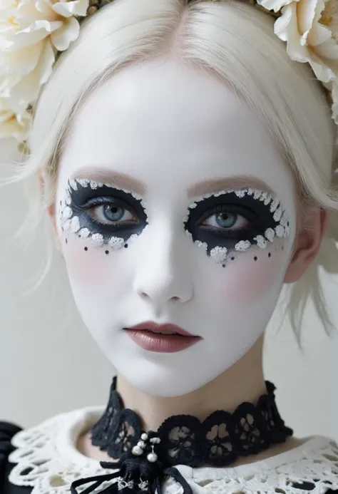 Pierrot clown robot, mandelbrot, cellular automata, human face, extremely white face powder, heavy make-up, pixiv, hd, hq, 5d, hyper-realistic, black irises