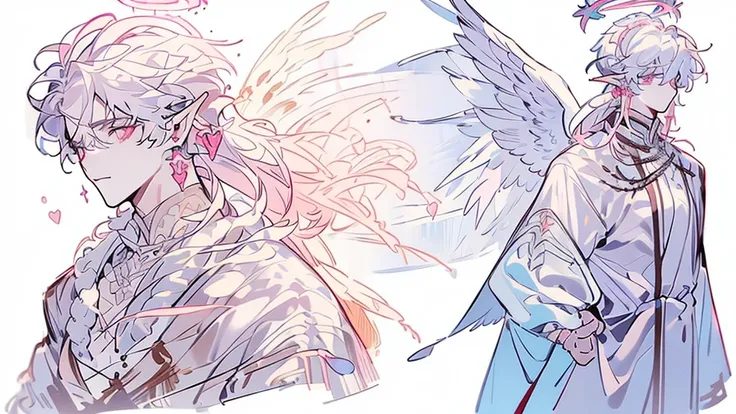 ((male focus)), ((reference sheet)), ((magnificent quality)), ((long white hair)), ((halo)), ((four angel wings)), ((pink eyes)), angel, angel boy, fancy clothes, regal clothes, ((wings for ears)), heart motif, pink gun with hearts on it, cupid, handsome m...