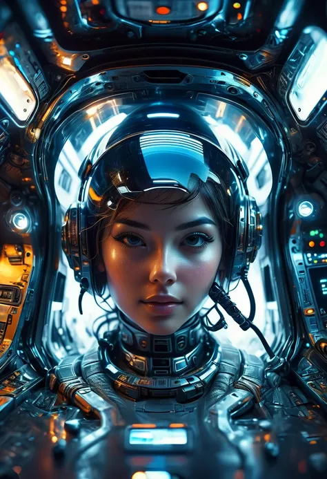 a futuristic astronaut in a space capsule, control panel, high-tech interior, metal and glass materials, atmospheric lighting, d...