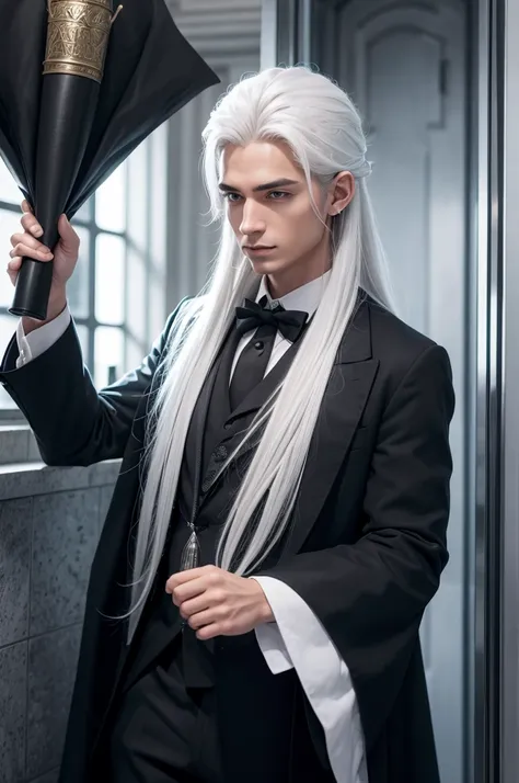 A wizard working at the ministry of magic in formal clothes and his stylish white hair 