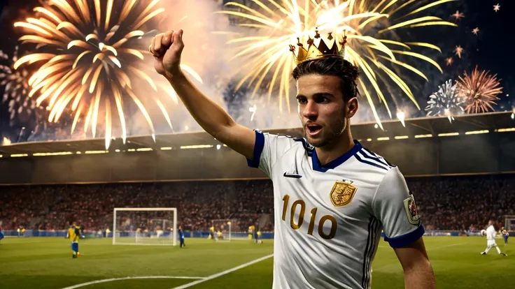 soccer player, golden crown on the head, euphoric celebration, soccer field, jersey number 10, fireworks