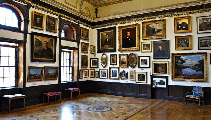 Museum room; many pictures 