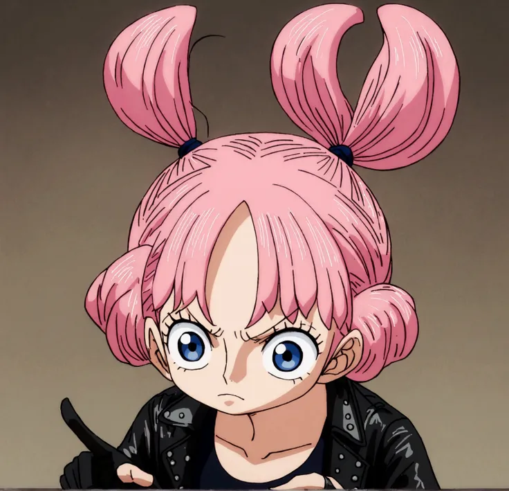 1 girl, with pink hair tied in two pigtails and blue bangs, Dark blue eyes, leather jacket, simple black t-shirt, Gloves without fingers, One Piece anime style (Wano Saga)