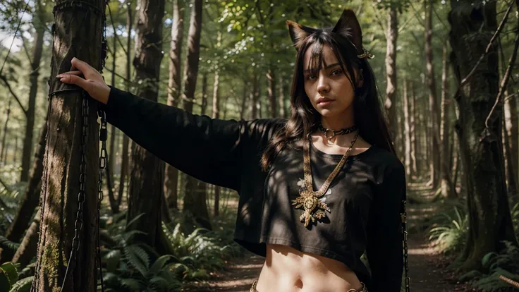 forest, catgirl, black cropped t-shirt adorned with medals and chains, black jeans adorned with chains and patches, beams of sunlight shining through the canopy, yellow eyes, calico fur, beautifully lit, insanely detailed, stunning environment