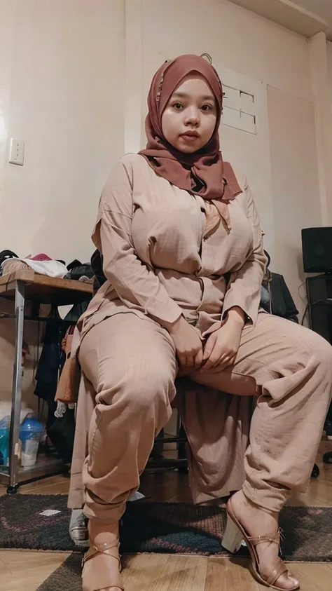  1indonesian woman, wearing hijab, beautiful face, cute face, ligt hijab, nude, big breast, curvy body, full body nude, Chubby thighs, spread legs, in the room