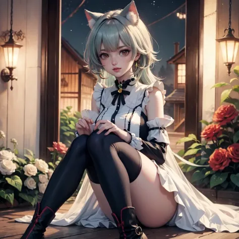 1girl, white maid dress, jewelry, green hair, flowing hair, long hair, white roses, firefly, oriental architecture, maid dress with a short skirt and layers, white laces, white boots, white dress with transparency, gold details on her clothes, cat ears, an...