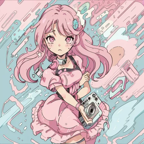 A woman holding a cassette tape is depicted looking at the camera.、It gives a feeling of nostalgia and retro music.。The background is pink, with detailed depictions of hair and expressive line drawings.、The illustration style is reminiscent of manga and an...