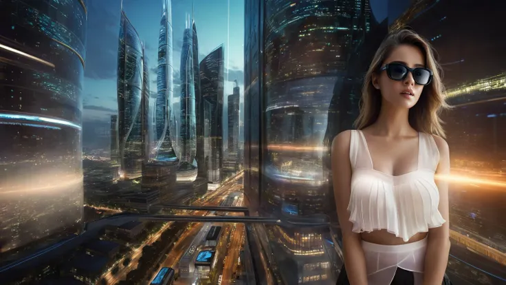 aerial view. Estilo: arte conceitual. A cena: Futuristic cityscapes with all-glass towering skyscrapers and (sleek aerodynamic vehicles) speeding through the air, 1drone. High-resolution OLED GUI interfaces in the building, The windows are filled with tran...