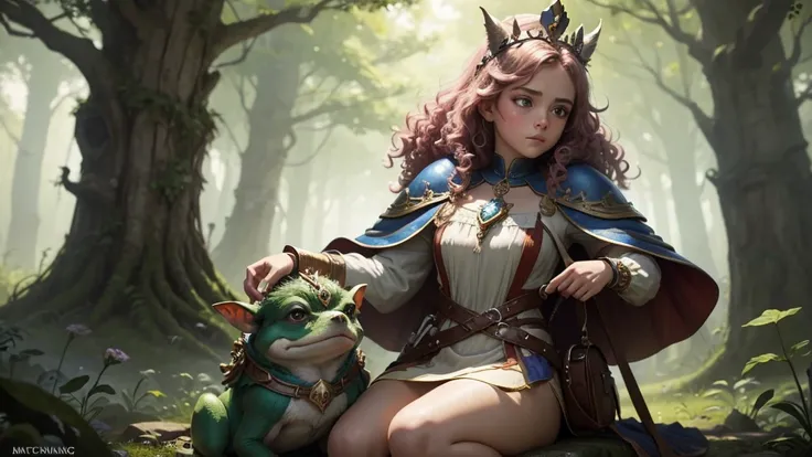 A single small, blue-eyed, pointy-eared gnome stands alone, wearing a crown of flowers and adorned with intricate jewelry. She has curly hair and a cape with a crossed brooch. She has a small green frog with a backpack sitting on her shoulder. She alone is...