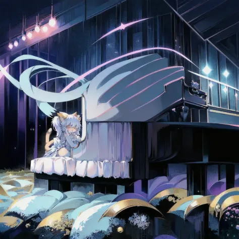 Anime girl in white dress standing in front of the piano, Night Core, Anime cute art style, Cat [ play piano ], Jinaiyi, Double ponytail white_Gloves, Use your index finger, white Cat girl, anime Cat, cute anime Catgirl, Nekomimi, Anime style, very beautif...