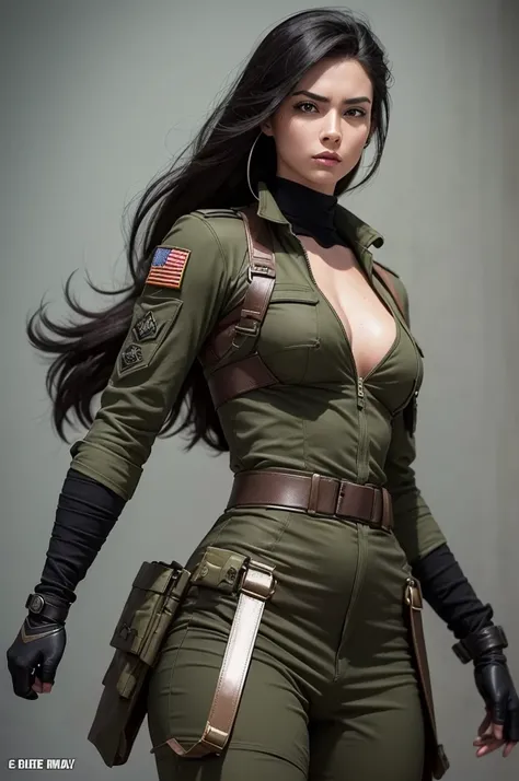 "Create a female character inspired by Duke from G.I. Joe. She should be a charismatic and skilled leader, depicted in a pose that exudes confidence and determination. Dress her in a modern, sexy adaptation of military attire that highlights her authority ...