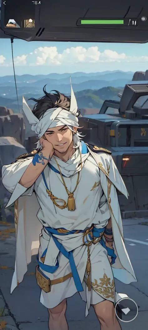 naughty man, white mouth bandana, white and gold captain&#39;s hat and Adidas clothes 