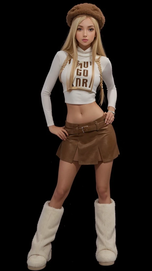 A beautiful girl in full body, com cropped branco, with a brown skirt, with furry boots, with straight blonde hair and a hat on her head.