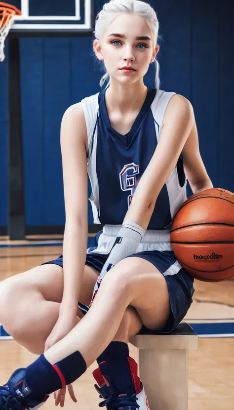 Girly 16 year old girl with white hair up blue eyes and beautiful white skin wearing basketball uniform