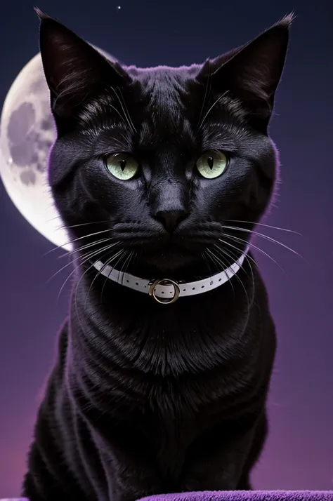 A purple cat with black eyes, and a moon collar
