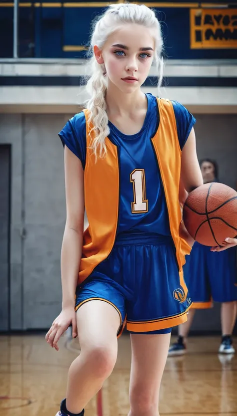 Girly 14 year old girl with white hair up blue eyes and beautiful white skin wearing basketball uniform