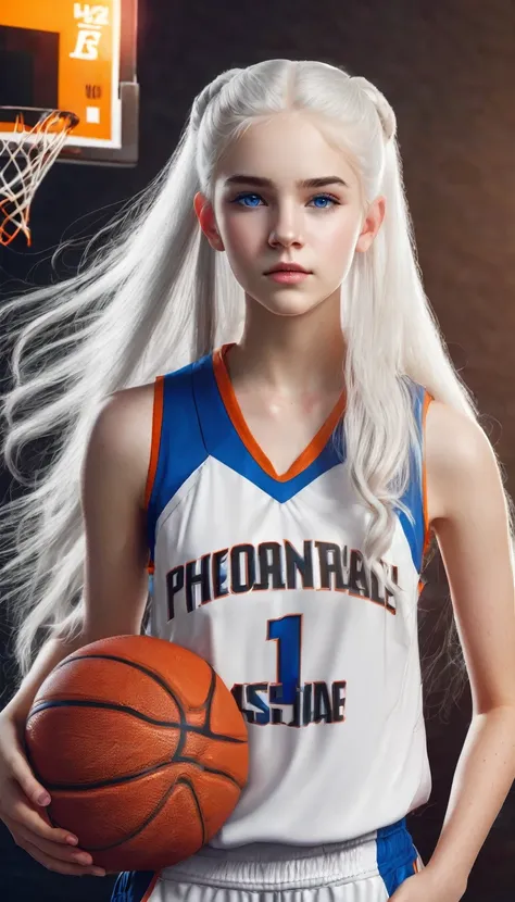 Girly 14 year old girl with white hair up blue eyes and beautiful white skin wearing basketball uniform