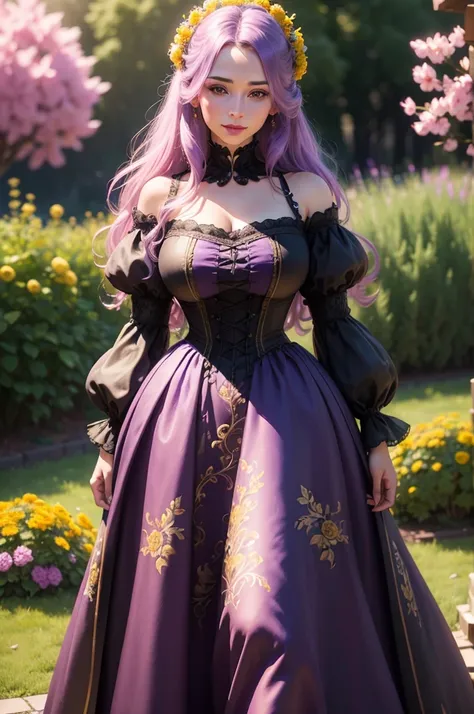 lady in a long victorian style purple dress, standing in a garden full of pink and yellow flowers, with detailed eyes, nose, mouth and long dark blue hair, natural skin, glowing skin, glossy red lips, violet eyes, beautiful, smiling, half bust portrait, (b...