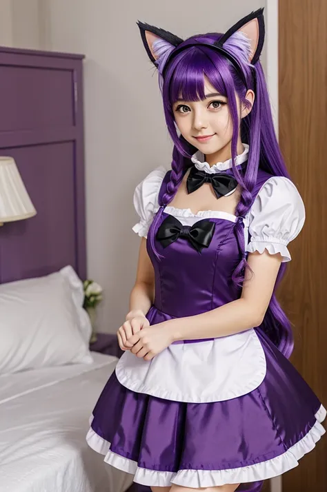 A cute anime girl with a purple hair and a purple cat ears with a moon collar in a maid outfit 