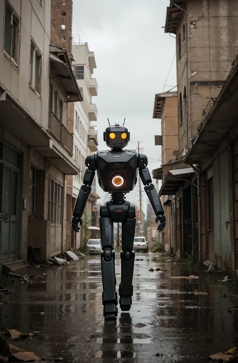 4-legged robot in abandoned city and in rain 