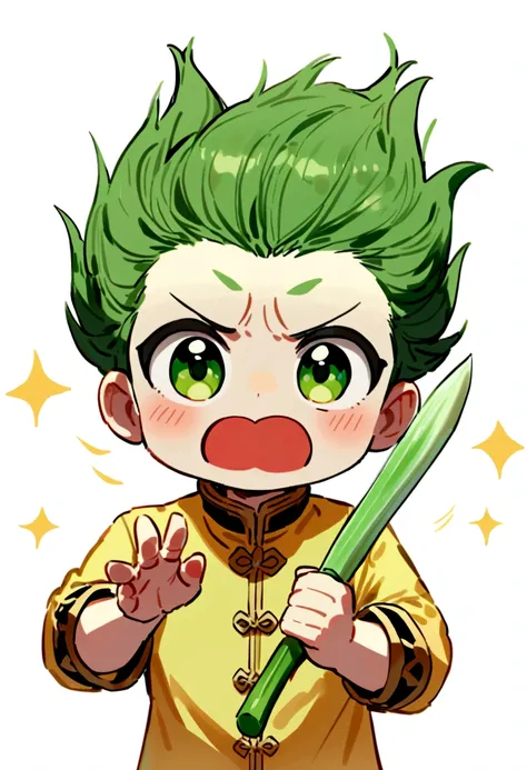 Cute little bird，Yellow body，Red Mouth，Simple Background，Cute expression、Real、Shining green onion、Holding a leek sword in his hand、