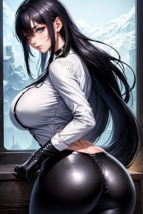 1 woman, choker 1:6, white long sleeve button up shirt, shiny black leggings, black elbow length gloves, big breasts, black hair, long hair, (strong and bright eyes), Red eyes, view from behind, perfectly curvy ass, cabin, low lighting, evening