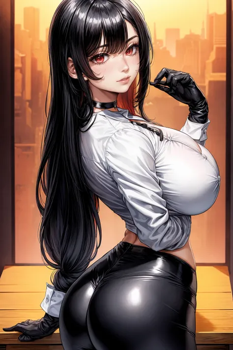 1 woman, choker 1:6, white long sleeve button up shirt, shiny black leggings, black elbow length gloves, big breasts, black hair, long hair, (strong and bright eyes), Red eyes, view from behind, perfectly curvy ass, cabin, low lighting, evening