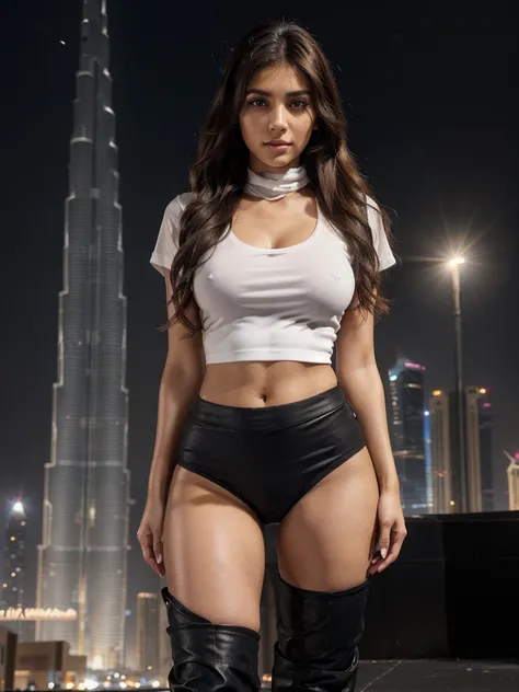 8k, RAW photo, best quality, ultra high resolution, (photorealistic), realistic photo of egyptian girl model, (egyptian girl, 20 years old, most beautiful egyptian girl in the world, slim face, thick thighs, brown hair, wavy hair), in the dubai city downto...