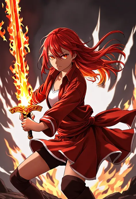 teenage woman, Red hair, long and tied , Red clothing, power of fire, flaming sword