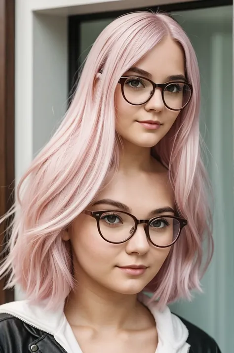 Young woman with pinkish white hair and glasses with brown hair that hides her round face and double chin.