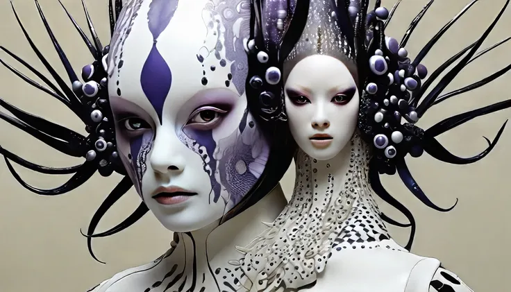 robot, mandelbrot, cellular automata, human face, extremely white face powder, heavy make-up, pixiv, hd, hq, 5d, hyper-realistic, black irises