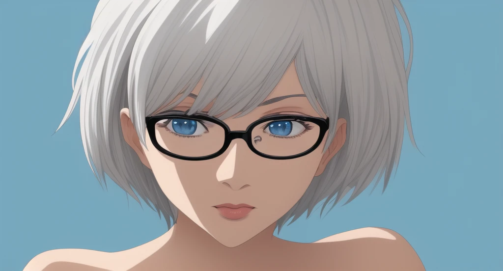 (Masterpiece).Woman, white hair, glasses, light blue eyes, blue background,