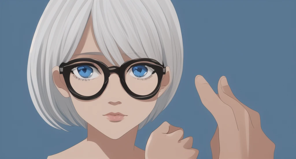 (Masterpiece).Woman, white hair, glasses, light blue eyes, blue background,