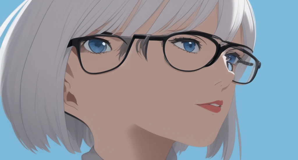 (Masterpiece).Woman, white hair, glasses, light blue eyes, blue background,