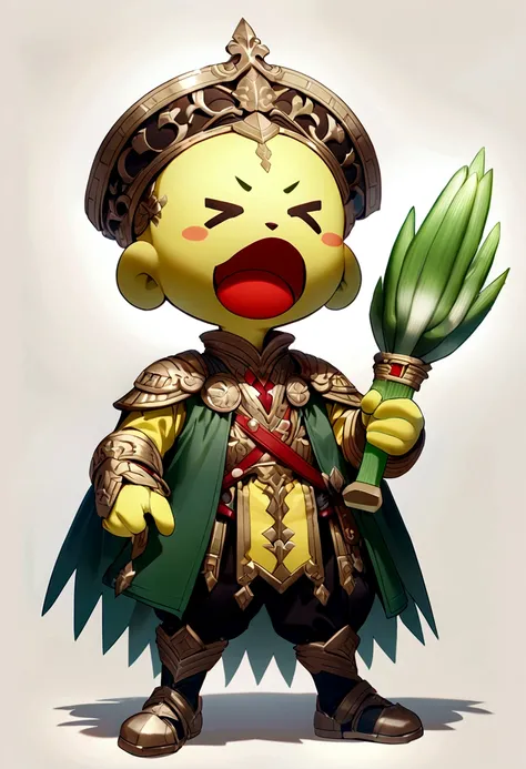 Cute little bird，Yellow body，Red Mouth，Simple Background，Cute expression、Real、Shining green onion、Holding a leek sword in his hand、Fantasy、