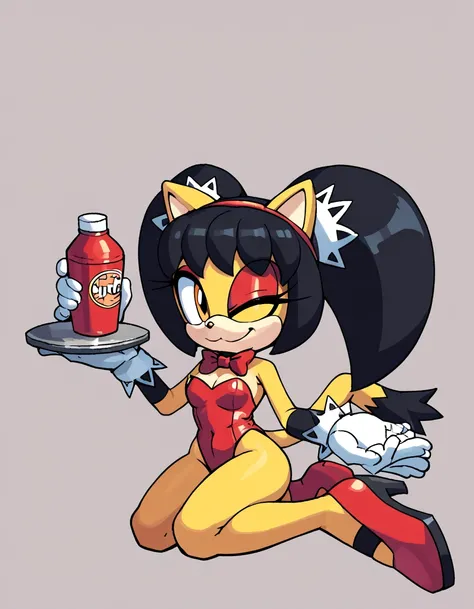 score_9, score_8_up, score_7_up, score_6_up, masterpiece, best quality, honey the cat, 1girl, solo, looking at viewer, smile, simple background, gloves, bow, holding, bare shoulders, closed mouth, tail, full body, one eye closed, white gloves, bowtie, red ...