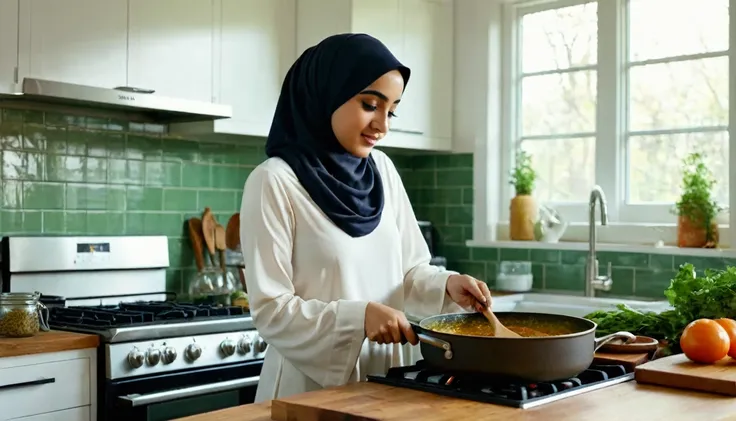 Create an image of Ms. A, a young Muslim woman, in her late 20s, with a modest outfit and a hijab. She is cooking in the kitchen. The kitchen is bright and modern, with white cabinets, a wooden countertop, and a stove where Ms. A is stirring a pot. She loo...