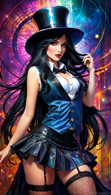 a magician girl with long black hair, wearing a magician hat, elegant and sexy outfit with a vest, miniskirt and fishnet stockings, performing magic, dark and fantastic background, inspired by the art of Bill Sienkiewicz, high quality, ultra-detailed, phot...