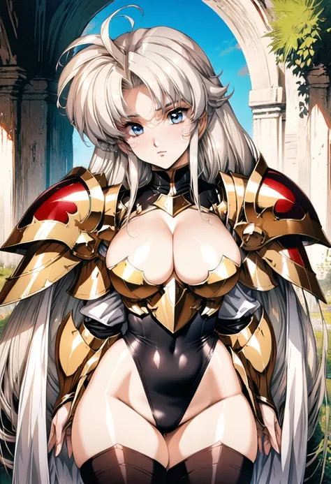 ((highest quality)), ((masterpiece)), ((hyperrealistic)), (detailed background), anime style, solo, 1girl, ((langrisser)), ((curvy: 1.2)), kawaii, ((fantasy armor: 1.3)), Silver long hair, ahoge, forehead, parted bangs, (white paladin armor), ((black leota...