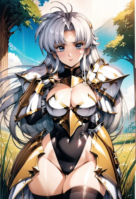 ((highest quality)), ((masterpiece)), ((hyperrealistic)), (detailed background), anime style, solo, 1girl, ((langrisser)), ((curvy: 1.2)), kawaii, ((fantasy armor: 1.3)), Silver long hair, ahoge, forehead, parted bangs, (white paladin armor), ((black leota...