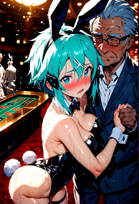 NSFW,masterpiece,Highest quality,High resolution,Super detailed,Sinon(Sword Art Online),Playboy Bunny,Streaks,Large fishnet stockings,Embarrassed,expectant face,(Estrus),(Lust),(Absent-minded face),blush,casino,tray,(Elderly men),Being sexually harassed,(M...