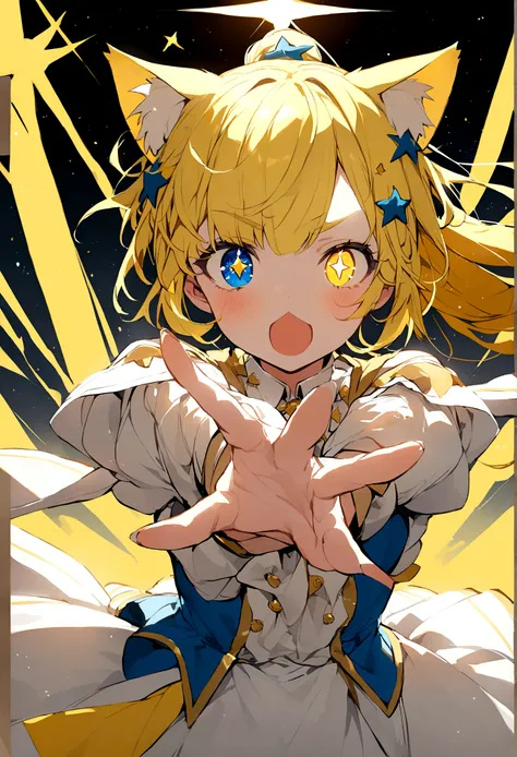 Yellow Hair、Ponytail on the right、Cat ear、Right eye is blue、Left eye is yellow、Odd Eye、Stars in the eyes、Double Peace、Star hair ornament、Girl