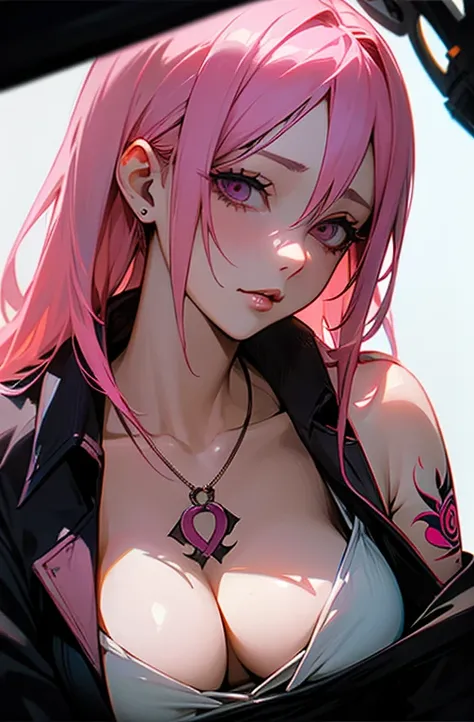 Cool women、sexy、Center of chest、Rize from Chainsaw Man、beauty、Yandere、、Face close-up、Kiss with your eyes closed、Chest tattoo、race、necklace、Pink Hair、(sexy)、(Kiss the viewer)、turn around、